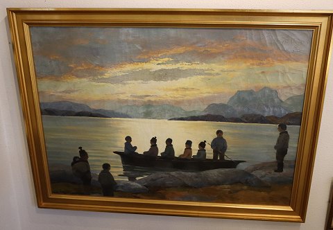 Maleri: Konebåd / Uminaq ved grønlandsk kyst. Olie på lærred 70 x 100 cm Sign. 
Emanuel A. Petersen.